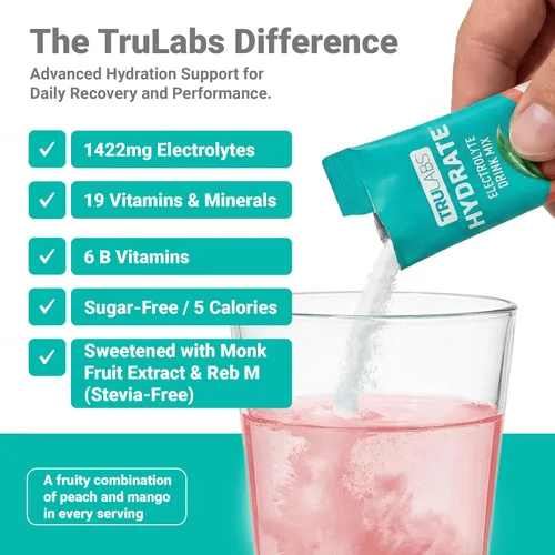 Miniatura 2 de TRULABS Hydrate - Mezcla de bebida con electrolitos – Sabor melocotón y mango, paquetes de hidratación sin azúcar con electrolitos de 1422 mg y 19