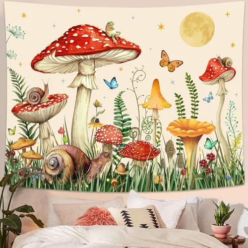 Zussun Tapiz de hongo rojo, tapices de luna y estrella para dormitorio, estética de color beige, noche estrellada, planta verde, tapiz de pared con