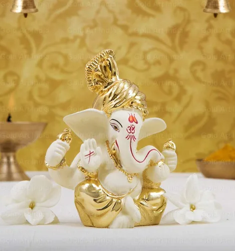 Gold Art India Ídolo de cerámica de Ganesh para tablero de automóvil, ídolo de Ganesha Murti Ganpati para decoración del hogar, estatua de Puja Lord