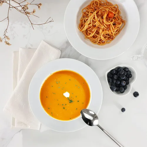Miniatura 5 de Buyajuju Juego de 4 platos de sopa redondos de porcelana, cuencos para pasta, cuencos clásicos de sopa profunda, cuencos con borde de cerámica, 9.1