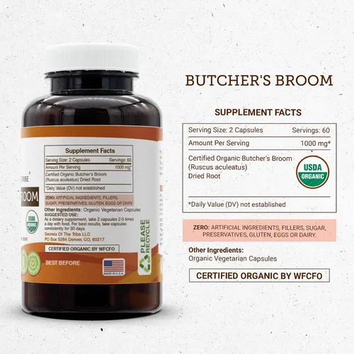 Miniatura 4 de Secrets of the Tribe Butcher's Broom USDA Organic 60 cápsulas Fabricado con cápsulas vegetarianas orgánicas y escoba de carnicero orgánica