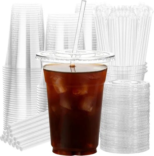Miniatura 11 de 100 juegos de vasos de plástico transparente de 16 onzas con tapas y pajitas, BPA libre y a prueba de fugas, vasos desechables de plástico para café
