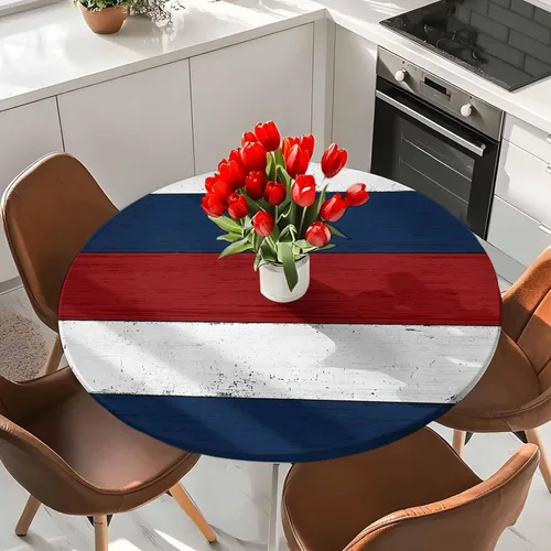 Miniatura 3 de Mantel redondo ajustable azul marino, rojo y blanco con borde elástico, mantel para exteriores, impermeable, a rayas, de madera de granja