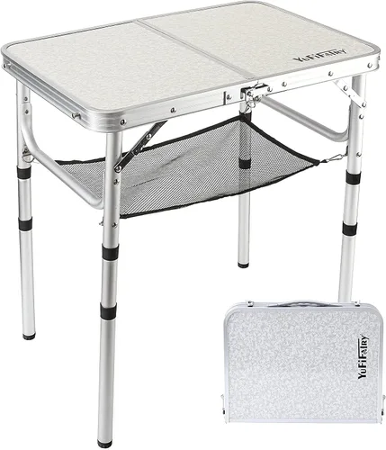 YUFIFAIRY Mesa plegable pequeña de 2 pies, mesa de campamento portátil con soportes de malla, altura ajustable de aluminio ligero, con asa de