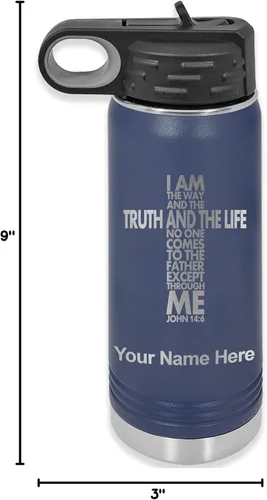 Miniatura 50 de LaserGram Botella de agua de doble pared abatible de 12 onzas con pajilla, versículo bíblico John 14-6, grabado personalizado incluido