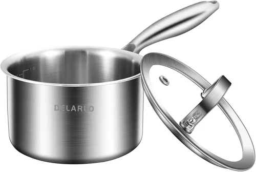 Miniatura 14 de DELARLO Cacerola de Acero Inoxidable Tri-Capa para Todo el Cuerpo de 3 Cuartos con Tapa, Apta para Horno 600℉, Sartén Saucier Resistente de 3