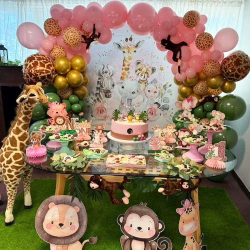 Miniatura 4 de Sensfun Telón de fondo de fiesta de baby shower con texto en inglés "It's A Girl" ("It's A Girl"), diseño floral rosa, animales del zoológico