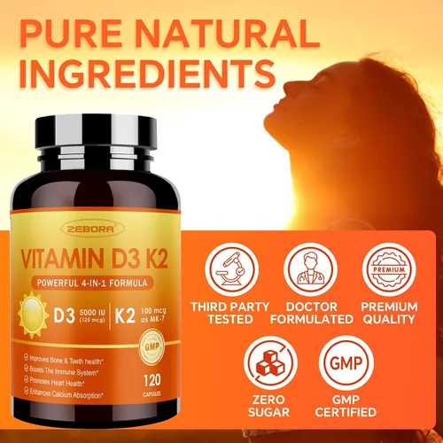 Miniatura 7 de ZEBORA Vitamina D3 K2 con zinc y selenio - 5000 UI de vitamina D3, 100 Mcg MK7 Vitamina K2 para una máxima absorción, apoya huesos, dientes