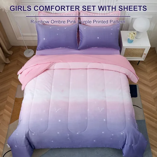 Miniatura 52 de Dinjoy Juego de edredón para niñas, tamaño individual, colorido, azul, rosa, morado, arcoíris, juego de ropa de cama de 6 piezas en una bolsa