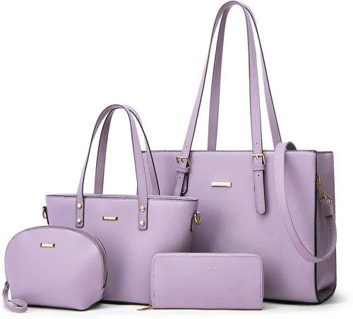 Miniatura 13 de Juego de 4 bolsas modernos para mujer de cuero sintético: bolso tote, bolso de hombro, bolso de mano y cartera.