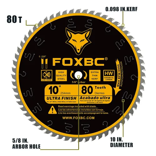 Miniatura 2 de FOXBC Hoja de sierra de mesa de 10 pulgadas, 80 dientes, corte ultra fino de madera, eje de 5/8 de pulgada
