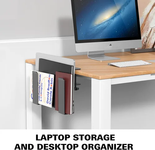 Miniatura 2 de Soporte lateral ajustable para laptop, organizador de almacenamiento de escritorio sin taladros, soporte de metal para colgar cuadernos, abrazadera
