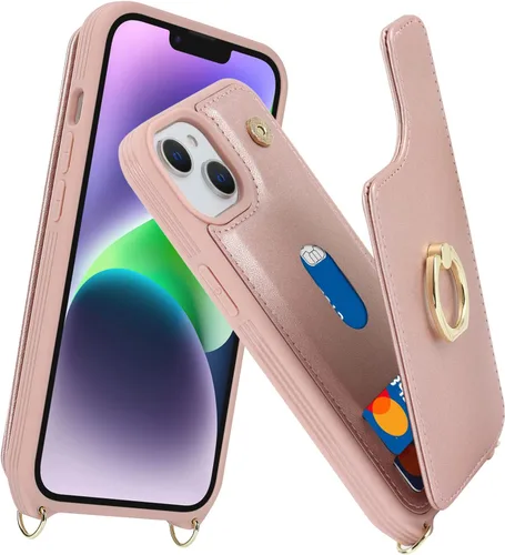 Miniatura 3 de Lipvina Funda para iPhone 14 Plus con tarjetero y correa para mujer, cordón cruzado, bloqueo RFID, soporte de anillo de soporte, cierre a presión