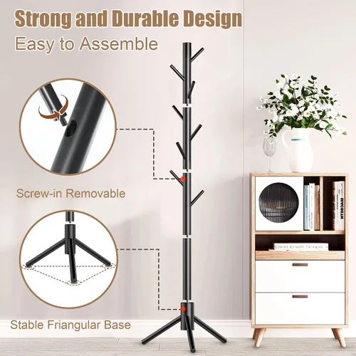 Miniatura 5 de Aliphon Perchero de madera, perchero independiente con 8 ganchos, árbol de abrigos ajustable de 3 tamaños para sombreros, abrigos, bufandas y Negro