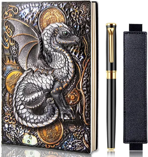 FEIDIAO Cuaderno vintage de cuero en relieve Flying Dragon DND, diario de viaje A5 diario con bolígrafo y funda para bolígrafo, diario de piel