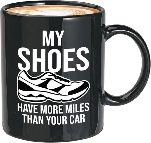 Taza de café Runner de 11 onzas, color negro, My Shoes Have More Miles, corredor corriendo maratón corriendo Buddy Cross Country Trail Running