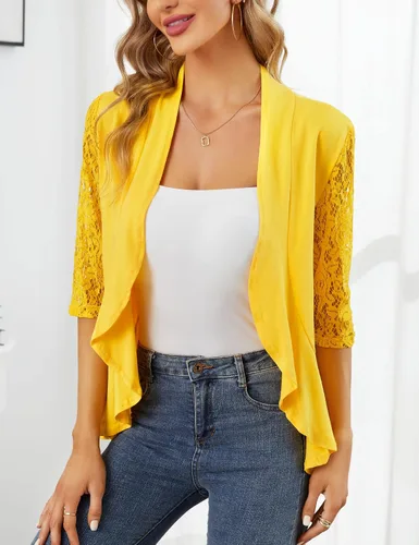 Miniatura 2 de KOJOOIN Blusas para mujer, ligeras, manga 34, casual, con encaje, parte delantera abierta, con volantes drapeados