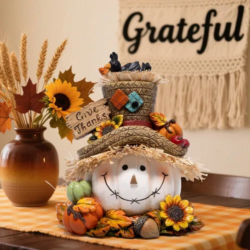 Miniatura 4 de Hodao Decoraciones de calabaza de Acción de Gracias, figura de resina de otoño con sombrero de paja, pájaros, bellotas y girasoles, letrero