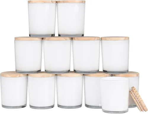Miniatura 30 de SHOWIN Tarros de vela gruesos de 14 OZ para hacer velas 12 Piezas, tarros vacíos de 3 mechas con tapas de madera para hacer velas, recipiente