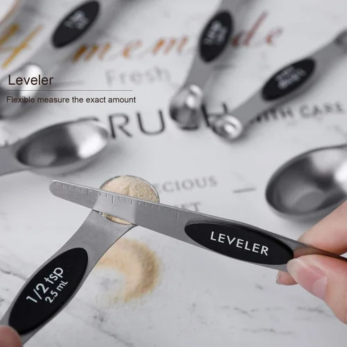 Miniatura 3 de Juego de 8 cucharas medidoras magnéticas apilables de acero inoxidable de doble cara y cucharadas para medir ingredientes secos y líquidos Negro-8