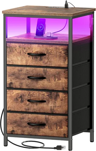 Miniatura 16 de Huuger - Mesita de noche con estación de carga y luces LED, mesita de noche con 2 cajones, mesa auxiliar de cama con estante abierto, mesa auxiliar