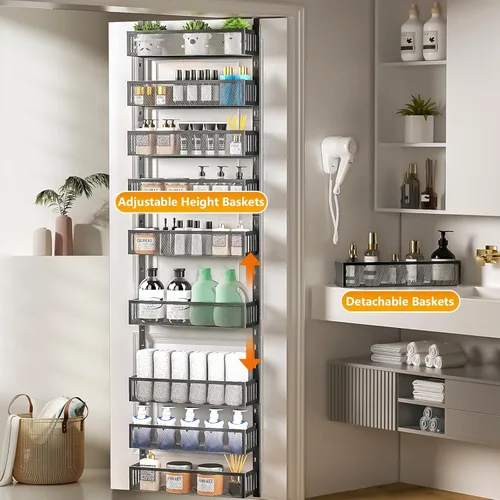 Miniatura 5 de Organizador de despensa de 10 niveles sobre la puerta con cestas de malla, estante colgante para especias ajustable y estable para cocina, baño