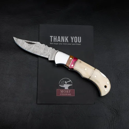 Cuchillo de bolsillo de hueso de camello de acero damascus para hombres, regalos plegables de cuchillo de hoja para él, cuchillos hechos a mano