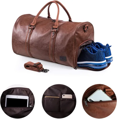 Miniatura 11 de Bolsa de viaje de cuero con bolsa para zapatos, bolsa impermeable para fin de semana, bolsa de lona de mano para hombres y mujeres, color negro