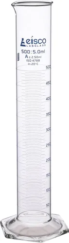 Cilindro graduado, 16.9 fl oz - Tolerancia Clase A ± 0.1 fl oz - Base hexagonal - Graduaciones azules - Vidrio de borosilicato 3.3 - Eisco Labs