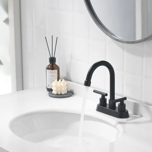 Miniatura 9 de Grifos de baño negros, grifo de lavabo de baño de 2 asas, grifo de lavabo de baño central de 4 pulgadas con drenaje desplegable y líneas de Negro