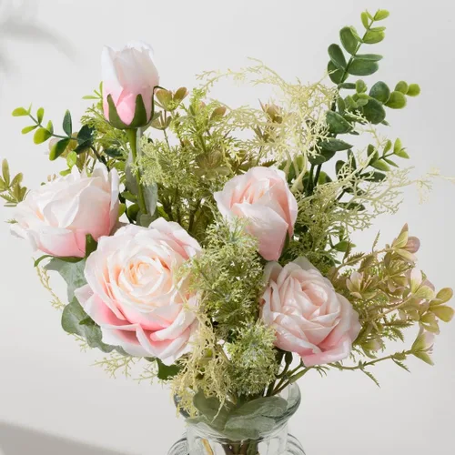 Miniatura 4 de YJ Flores falsas con jarrón, flores artificiales de seda ramo de flores en jarrón, arreglos florales sintéticos, decoración de mesa de granja, Rosa