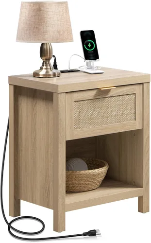 Miniatura 8 de SICOTAS Juego de 2 mesitas de noche negras con estación de carga, mesita de noche de ratán con cajón, moderna mesita de noche con puertos USB y tipo