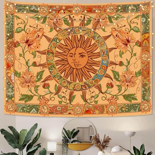 Miniatura 2 de Tapiz amarillo con sol y luna, vintage, bohemio, para colgar en la pared con girasoles, mariposa, polilla, constelación, tapices de pared