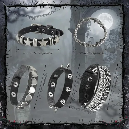 Miniatura 2 de 5 pulseras punk con tachuelas para mujeres y hombres, pulseras de remaches de metal de estilo alternativo de rock, juego de joyería hip hop