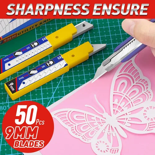 Miniatura 2 de DIYSELF Cuchillas de cuchillo utilitario, paquete de 50 recambios para cuchillo de caja de 9mm con hoja a presión, acero de alto carbono
