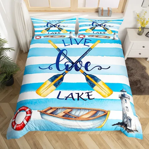 Miniatura 14 de Erosebridal Juego de ropa de cama individual con diseño de peces de lubina, la vida es mejor en el lago, funda de edredón para niños y niñas, funda