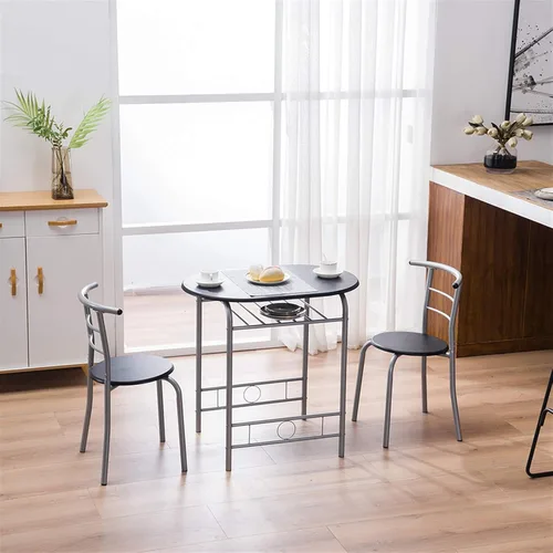 Miniatura 3 de Juego de mesa redonda y sillas de madera para cocina, comedor, 3 piezas, con marco de metal y estante de almacenamiento, bistró, pub, desayuno, Negro