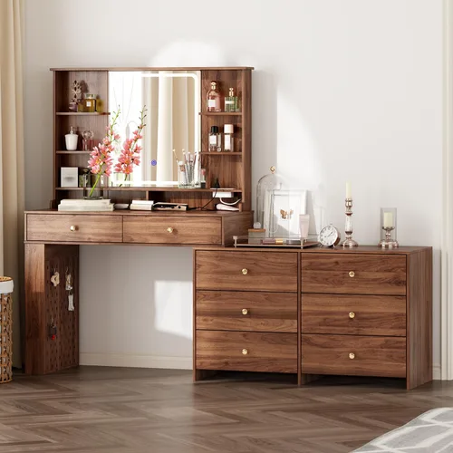 Miniatura 11 de Ieejdn Escritorio de tocador de maquillaje con espejo y luces, escritorio de tocador con 8 cajones y estantes de almacenamiento, mesa de tocador