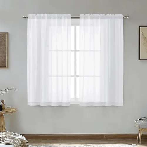 OVZME - Cortinas traslúcidas blancas de 45 pulgadas de largo, 2 paneles, cortinas de gasa con bolsillo para barra para ventanas pequeñas, cada una