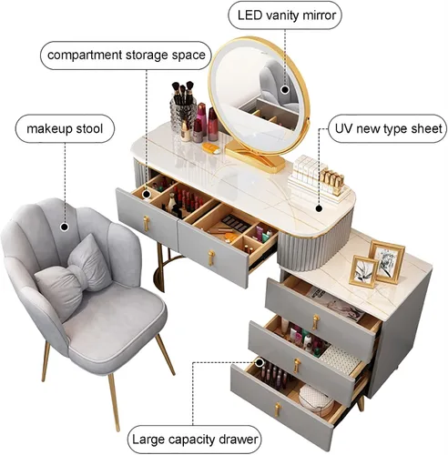 Miniatura 6 de Juego de tocador grande con luces LED, mesa de tocador de maquillaje con gabinete ajustable y taburete acolchado, 3 modos de iluminación, tocador