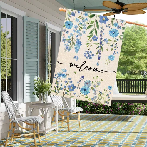 Miniatura 3 de Baccessor Bandera de Casa de Bienvenida de Verano 28 x 40 Pulgadas Divertida Bandera Floral Azul de Primavera para Jardín y Patio de Arpillera