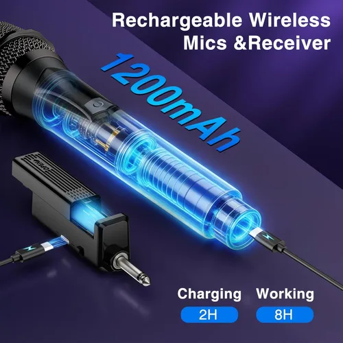 Miniatura 7 de Micrófono inalámbrico, sistema profesional de micrófono dinámico inalámbrico de mano dual con receptor recargable, Plug & Play, compatible