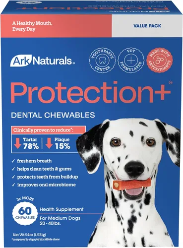 Ark Naturals Protection+ Pasta dental sin cepillo, masticables dentales para perros para razas medianas, evita la placa y el sarro, refresca el