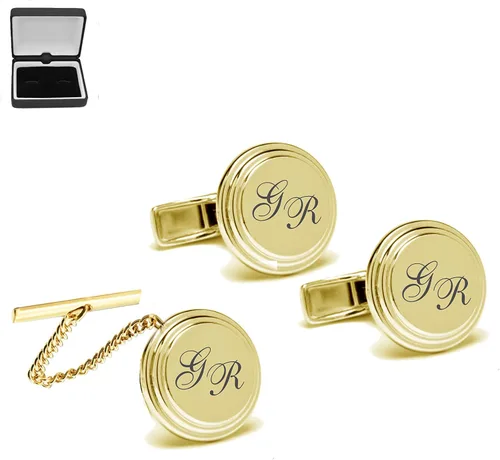 Miniatura 3 de Gemelos de círculo biselado de oro personalizado y cadena de alfiler de corbata, monograma personalizado grabado gratis, tachuela de corbata - Se