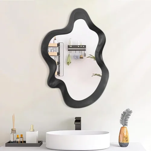 Miniatura 4 de Espejo asimétrico para decoración de pared, grande, moderno, ondulado, con marco de madera, espejo de pared con forma única montado en pared