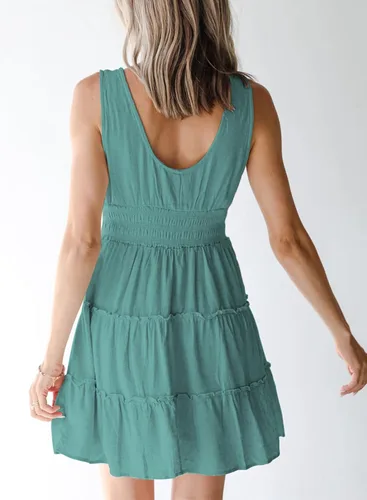 Miniatura 2 de Dokotoo Vestidos de verano para mujer, sin mangas, con botones, cintura elástica, volantes, escalonados, casual, con vuelo, mini vestido
