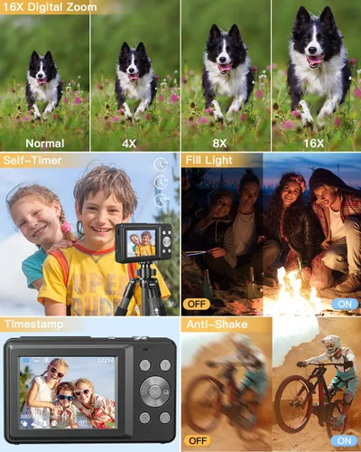 Miniatura 3 de Cámara digital para niños, cámara digital 1080P FHD 44MP para apuntar y disparar para fotos con tarjeta de 32 GB, zoom 16X, cámara compacta regalos