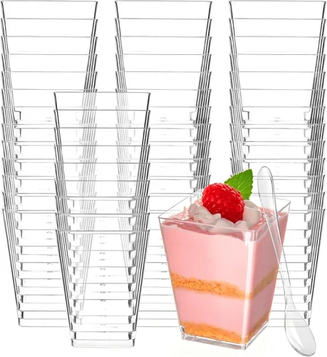 Zezzxu - Paquete de 100 mini tazas de postre de plástico transparente de 5 onzas con cucharas, tazas de postre reutilizables para probar aperitivos