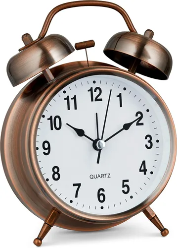 Bernhard Products Reloj despertador analógico de doble campana retro de metal cobre de 4 pulgadas, cuarzo extra fuerte, funciona con pilas con