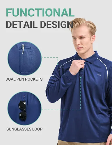 Miniatura 3 de BVVU Polo para hombre, manga larga, corta, táctica, para golf, absorbe la humedad, con cuello
